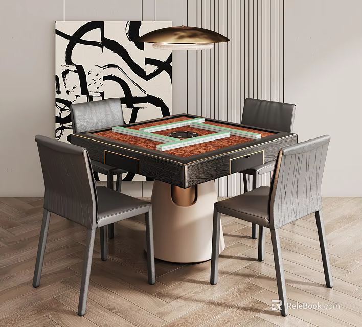 Modern Dining Table With Patterned Top Four Gray Chairs White Base And Gold Accents 3d model 