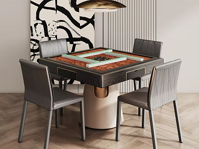 Modern Dining Table With Patterned Top Four Gray Chairs White Base And Gold Accents 3d model