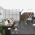 Modern Public Office Space With Long Desks Ergonomic Chairs Green Plants Bookshelves And Artwork