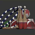 Weapons Display Featuring Crossed Knives Wooden Handled Red Grenades And Red Blue Throwing Balls