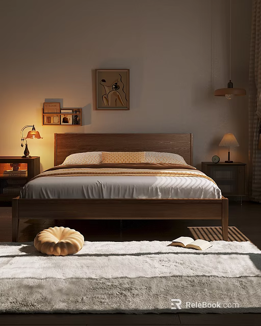 Cozy Wooden Double Bed with Headboard Pillows Nightstands Table Lamps and Wall Art 3d model 