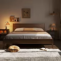 Cozy Wooden Double Bed with Headboard Pillows Nightstands Table Lamps and Wall Art