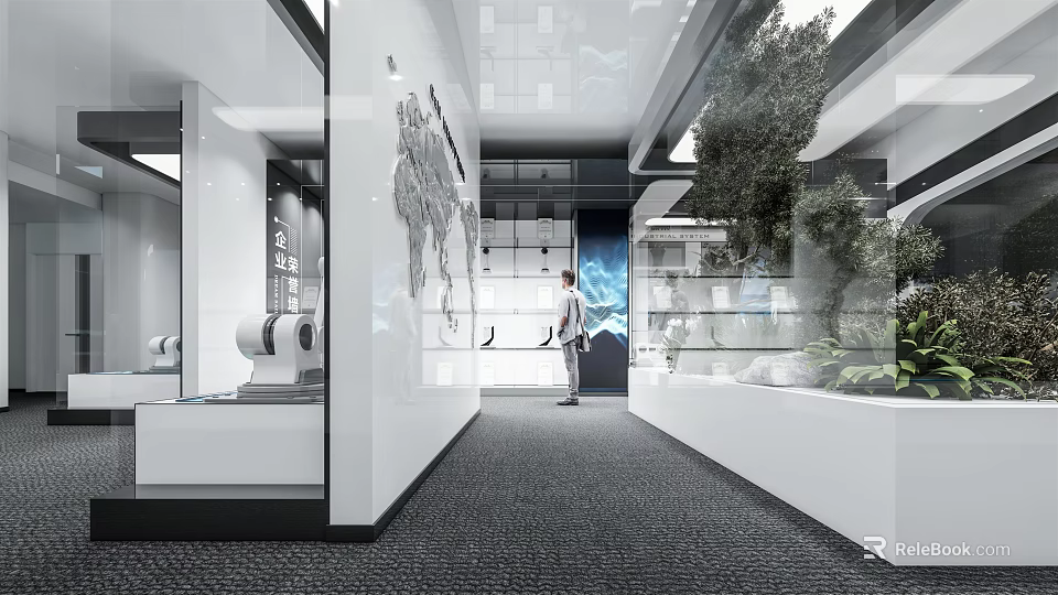 Modern Exhibition Hall with World Map Wall Glass Display Cabinets and Green Plants 3d model 