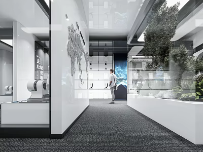 Modern Exhibition Hall with World Map Wall Glass Display Cabinets and Green Plants 3d model