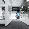 Modern Exhibition Hall with World Map Wall Glass Display Cabinets and Green Plants