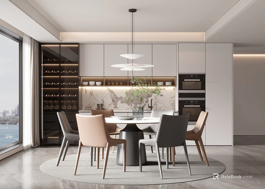 Modern Restaurant Interior With Dining Table Chairs Pendant Lights And Wine Cabinet 3d model 