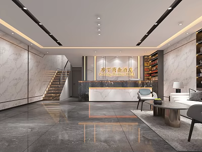 Elegant Modern Hotel Lobby Interior With Marble Walls Reception Desk Sofa And Staircase 3d model