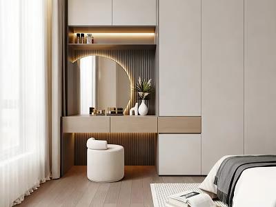Modern Dressing Table Interior Design With Mirror Drawers Potted Plant And Stool 3d model