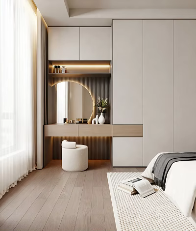 Modern Dressing Table Interior Design With Mirror Drawers Potted Plant And Stool 3d model