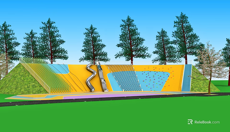 Fun Kids Playground With Spiral Slide Climbing Wall Green Grass And Trees Under Blue Sky 3d model 