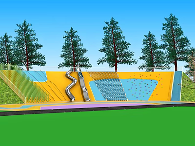Fun Kids Playground With Spiral Slide Climbing Wall Green Grass And Trees Under Blue Sky 3d model