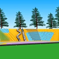 Fun Kids Playground With Spiral Slide Climbing Wall Green Grass And Trees Under Blue Sky