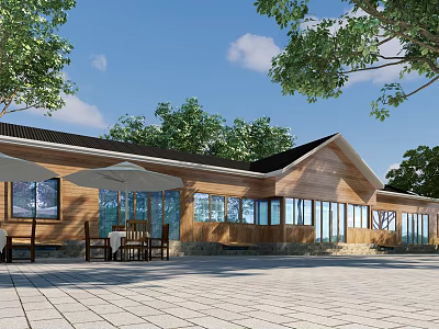 Shower Sauna in Modern Wooden Building With Glass Windows Outdoor Area and Trees 3d model