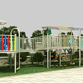 Playground Equipment With Colorful Circular Structures Slides Fences Lawn And Trees In Outdoor Setting