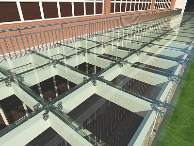 Glass Architectural Structure With Metal Frames Transparent Panels And Red Brick Building Exterior 3d model