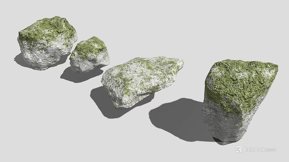 Natural Stone Materials With Green Moss Covered Surface In Various Sizes And Shadows 3d model 