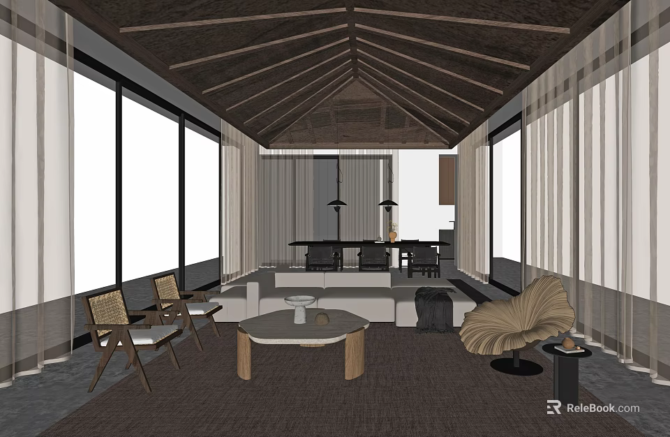 Warm Dining and Living Room Interior With Wooden Ceiling Large Windows Sofa And Coffee Table 3d model 