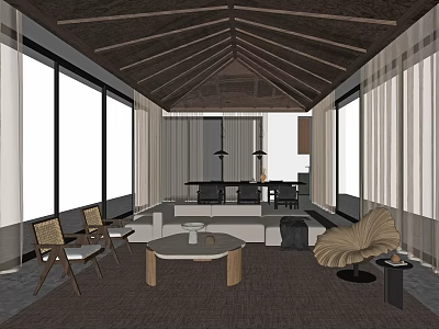 Warm Dining and Living Room Interior With Wooden Ceiling Large Windows Sofa And Coffee Table 3d model