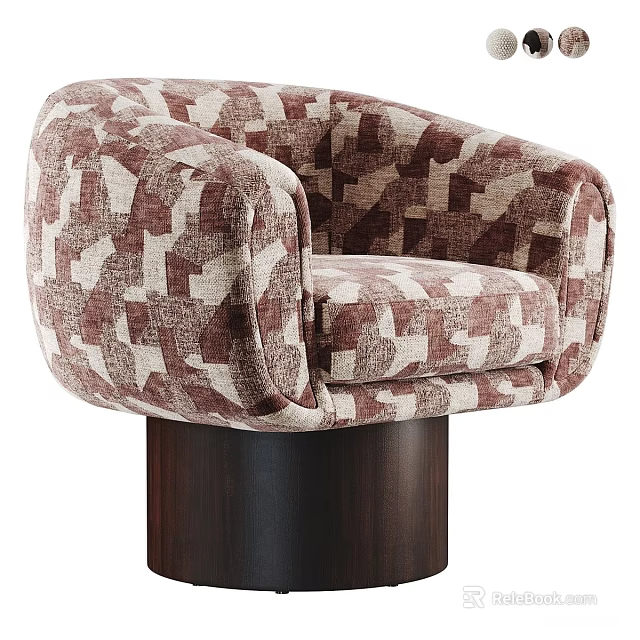 Stylish Single Armchair with Geometric Pattern Brown Beige Fabric Curved Armrests Wooden Cylinder Base 3d model 