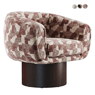 Stylish Single Armchair with Geometric Pattern Brown Beige Fabric Curved Armrests Wooden Cylinder Base 3d model