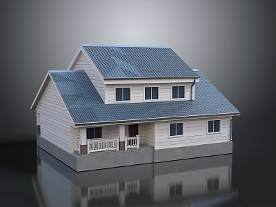 Cartoon Scene of a Two Story House with Blue Roof Light Walls and Welcome Porch 3d model