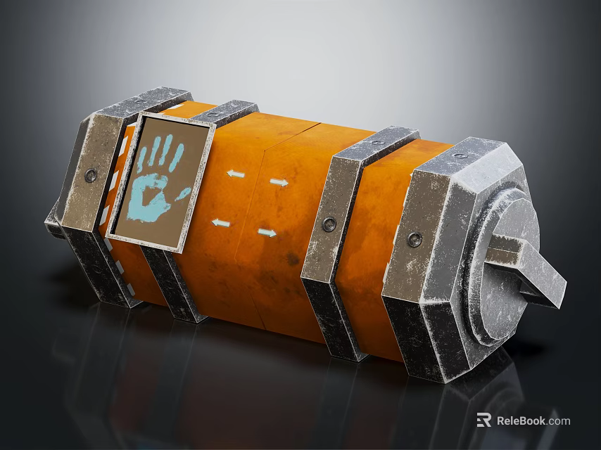 Orange Cylindrical Container With Metal Frames And Hand Symbol Design 3d model 