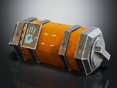 Orange Cylindrical Container With Metal Frames And Hand Symbol Design 3d model