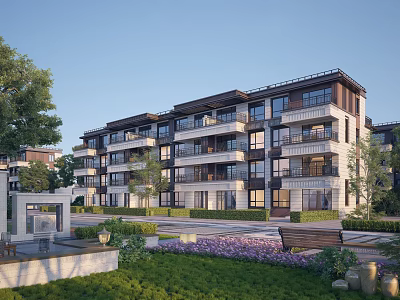 Modern Multistory Residential Building With Balconies Lush Greenery And Garden Pathway 3d model