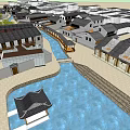 Traditional Style Boutique Guesthouse Buildings Along River With Gray Tiled Roofs And Wooden Structures