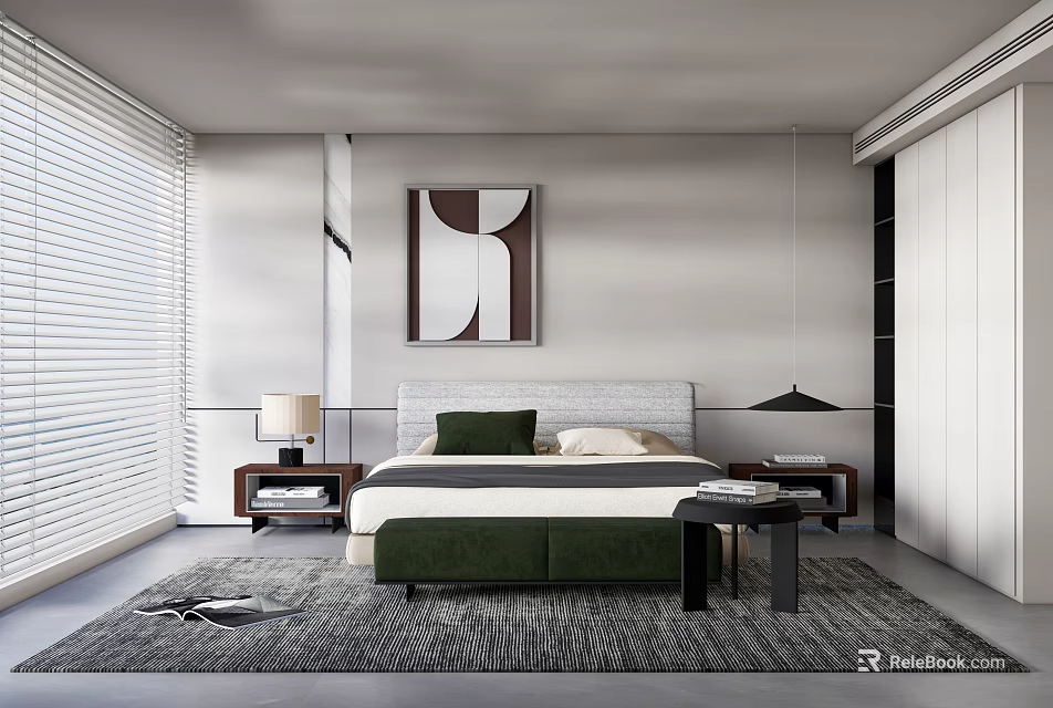 Modern Bedroom Interior With Green Bed Frame Nightstands Artwork Blinds And Rug 3d model 