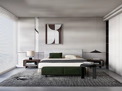 Modern Bedroom Interior With Green Bed Frame Nightstands Artwork Blinds And Rug 3d model