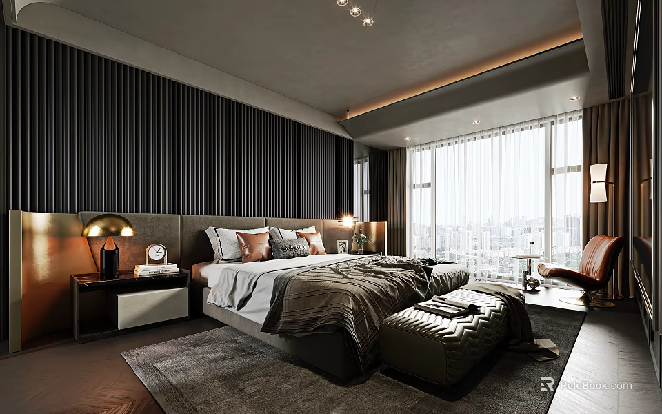 Modern Bedroom Interior Design With King Bed Nightstand Table Lamp And Area Rug 3d model 