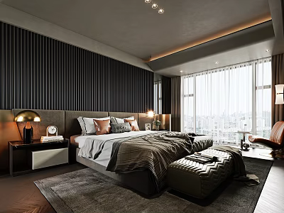 Modern Bedroom Interior Design With King Bed Nightstand Table Lamp And Area Rug 3d model