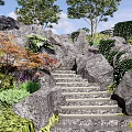 Lush Natural Stone Stairs in Garden Landscape With Rocks and Green Plants