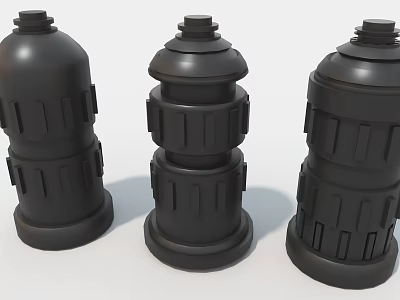 Three Black Cylindrical Industrial Mechanical Parts With Multi Layered Grooved Design 3d model