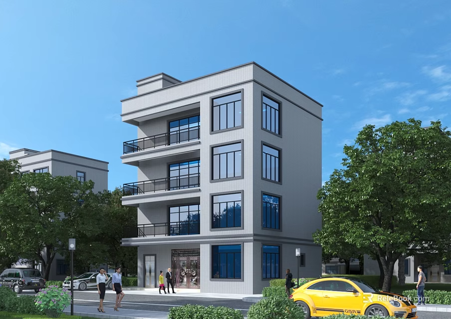 Three Story Gray Detached Villa Exterior With Balconies Windows Trees Pedestrians And Yellow Car 3d model 