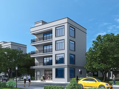 Three Story Gray Detached Villa Exterior With Balconies Windows Trees Pedestrians And Yellow Car 3d model