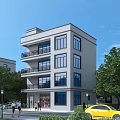 Three Story Gray Detached Villa Exterior With Balconies Windows Trees Pedestrians And Yellow Car