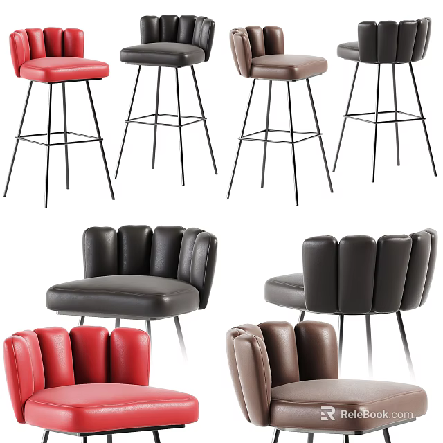 Stylish Upholstered Bar Stools Featuring Metal Legs Different Backrests and Red Black Taupe Hues 3d model 