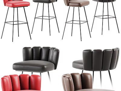 Stylish Upholstered Bar Stools Featuring Metal Legs Different Backrests and Red Black Taupe Hues 3d model