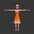Woman in orange gradient dress wearing sunglasses with arms outstretched against gray background