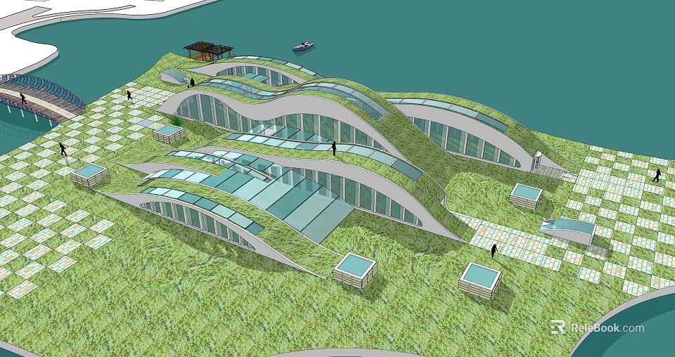 Modern Wavy Building Structure With Green Roof Lawn Square Pools And Waterfront View 3d model 