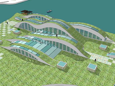 Modern Wavy Building Structure With Green Roof Lawn Square Pools And Waterfront View 3d model