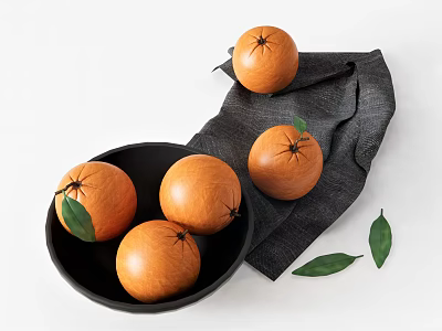 Fresh Ripe Oranges in Black Bowl with Gray Cloth and Green Leaves 3d model