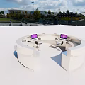 Contemporary Round White Reception Desk With Computer And Office Equipment Setup 3d model