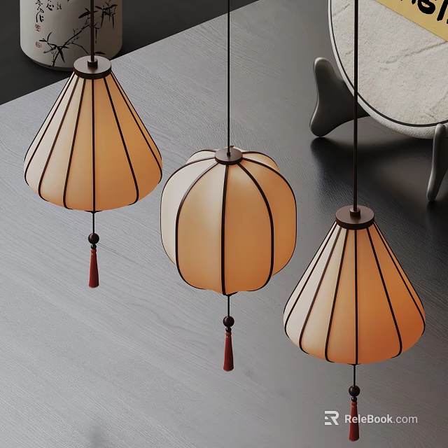 Chinese Style Pendant Lights With Beige Lampshades Black Frames Red Tassels And Dark Tabletop 3d model 