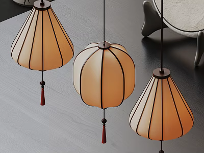Chinese Style Pendant Lights With Beige Lampshades Black Frames Red Tassels And Dark Tabletop 3d model