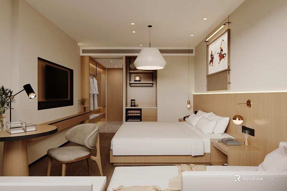 Modern Hotel Guest Room With King Size Bed Bedside Lamps Wall TV And Writing Desk 3d model 