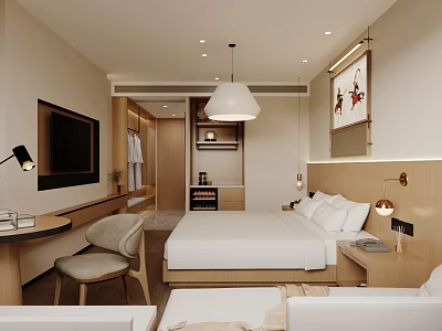 Modern Hotel Guest Room With King Size Bed Bedside Lamps Wall TV And Writing Desk 3d model