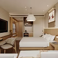 Modern Hotel Guest Room With King Size Bed Bedside Lamps Wall TV And Writing Desk